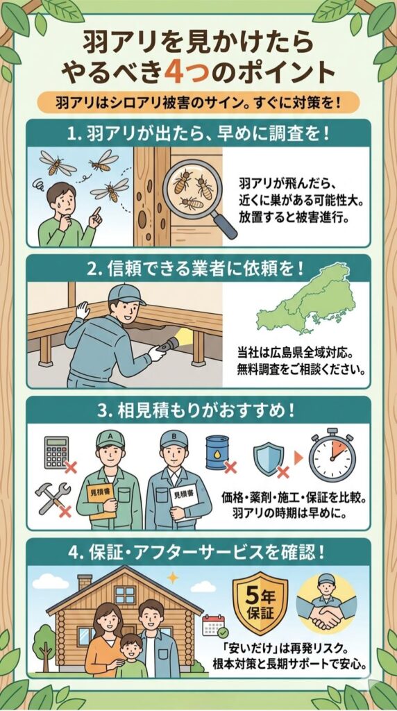 1.羽アリが出たら、早めに調査を！
　羽アリが飛んだということは、近くにシロアリの巣がある可能性が高い状態です。
放置すると、床下や柱の内部で被害が進行してしまうケースも少なくありません。

2.信頼できる業者に依頼を！
　シロアリ対策は、被害状況や建物の構造に合わせた判断が重要です。
当社は広島県全域対応。羽アリを見かけたら、まずは無料調査をご相談ください。

3.相見積もりがおすすめ！
　価格だけでなく、使用薬剤・施工方法・保証内容は業者によって大きく異なります。
羽アリの時期は依頼が集中するため、早めに比較・検討するのがおすすめです。

4.保証・アフターサービスがあるか確認！
「安かったから」という理由だけで選ぶと、再発リスクが高まることも。
羽アリが一時的にいなくなっても、根本的な対策ができていなければ再発します。