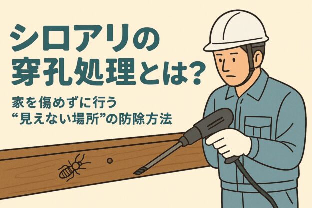 木材に小さな穴が開けられ、作業者が電動ドリルを使って穿孔を行っている様子を描いたイラスト。左側に「シロアリの穿孔処理とは？ 家を傷めずに行う“見えない場所”の防除方法」という大きな文字が配置され、右側に作業者と工具、下部にシロアリのイラストが描かれている。背景は淡いベージュで全体が柔らかい印象のデザイン。