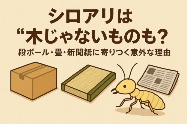 「シロアリは“木じゃないものも？”という見出しと、段ボール・畳・新聞紙・シロアリのイラストが並んだ、やさしいタッチの解説系アイキャッチ画像。シロアリが木だけでなく紙や畳などセルロースを含む素材にも寄りつくことを説明する内容を示している。」