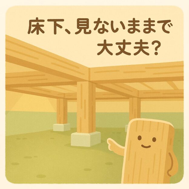 「木造住宅の床下をやわらかい色合いで描いたイラスト。整った木の梁ときれいな地面が広がり、手前には木材をモチーフにした小さなキャラクターが指さして案内している。上部には『床下、見ないままで大丈夫？』という文字が入っている。」
