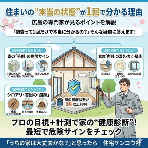 「住まいの『本当の状態』が1回で分かる理由」をテーマにしたアイキャッチ画像です。 背景には住宅の断面イラストと、調査を行う作業員のイラストが描かれています。 上部には大きなタイトルで「住まいの“本当の状態”が1回で分かる理由」、その下に「広島の専門家が見るポイントを解説」「『調査って1回だけで本当に分かるの？』そんな疑問に答えます！」というテキストがあります。 中央の住宅イラストの左右には、3つのポイントが吹き出しで紹介されています。 左上の「1回の調査で分かること① 家の『外側』の危険サイン」には、外壁のひび割れ、基礎の劣化、雨どいの変形のイラスト。 右上の「1回の調査で分かること② 家の『内側』の湿気・カビ・構造」には、床の沈み、壁紙のシミ、窓の結露のイラスト。 左下の「1回の調査で分かること③ シロアリ・害獣の『痕跡』」には、シロアリ、床下の湿気、害獣のフンのイラスト。 作業員のイラストの近くには、「プロの目視＋計測で家の“健康診断”！ 最短で危険サインをチェック」という大きなテキスト。 下部には「『うちの家は大丈夫かな？』と思ったら | 住宅ケンコウ社」というテキストと、会社ロゴがあります。