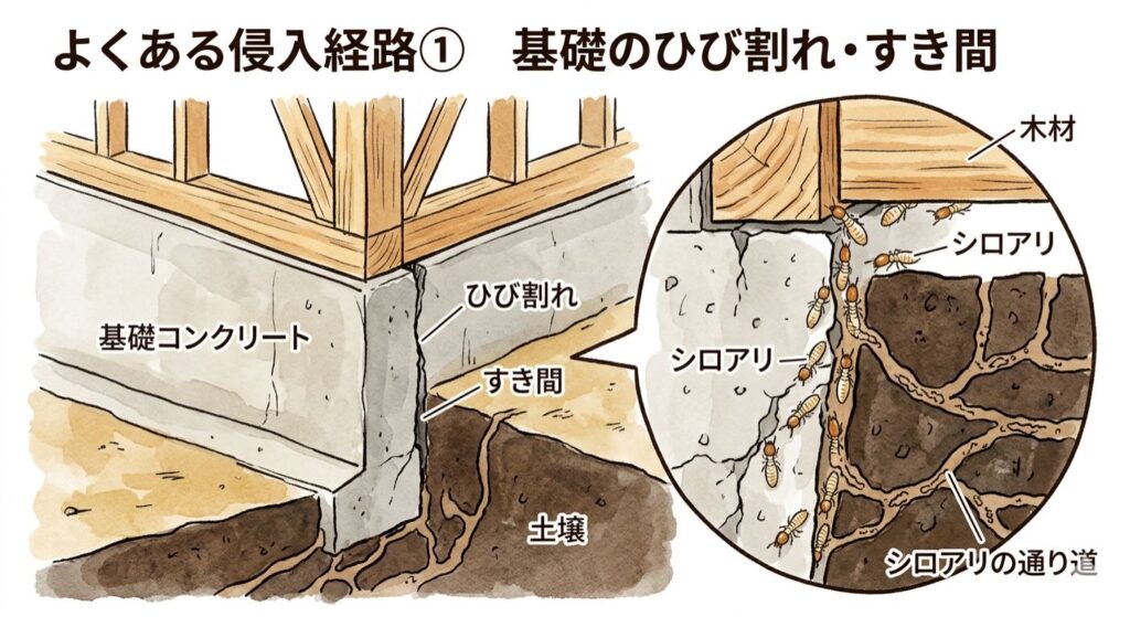 「よくある侵入経路①：基礎のひび割れ・すき間」と題されたシロアリのイラスト。

このイラストは、建物の基礎部分の断面図と、シロアリの侵入経路を詳しく拡大したイラストの2つの部分で構成されています。

断面図（左側）

コンクリート製の住宅基礎

木造の床組み

基礎コンクリートにできた小さな縦方向のひび割れと、土壌との間のわずかなすき間

「ひび割れ」「すき間」「土壌」「基礎コンクリート」といったラベル

拡大イラスト（右側）

左側のひび割れ・すき間部分を拡大

土壌中からひび割れや、コンクリートと木材のすき間を通って家屋の木材へ侵入するシロアリの様子

「木材」「シロアリ」「シロアリの通り道」といったラベル