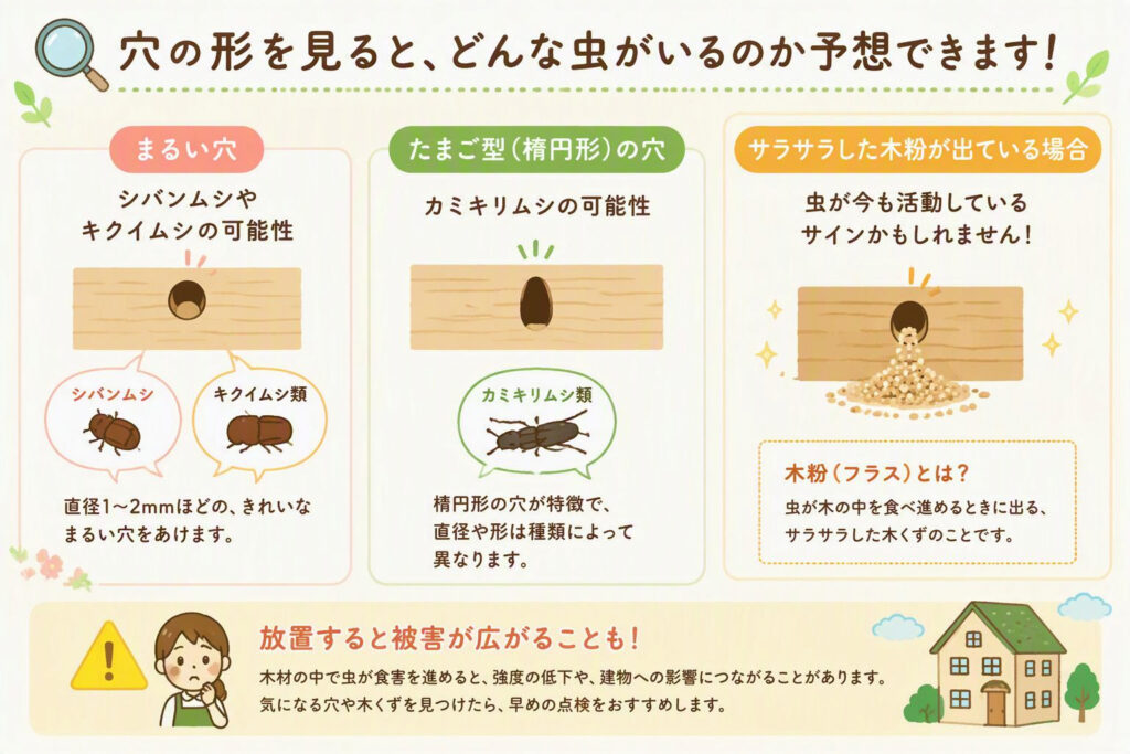 木材の穴の形別でどんな虫がいるか予想できるかわかるイラスト